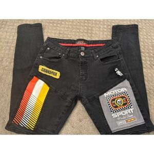 Copper Rivet Moto Jeans Men's 34x34 Black  Motor Sport GP Patches Streetwear